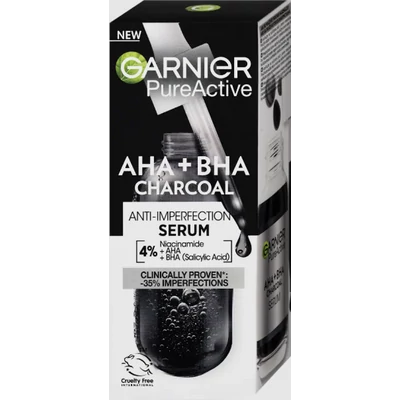 Garnier Pure Active 30ml Charcoal Bőrhibák elleni szérum AHA + BHA Aktív szén 