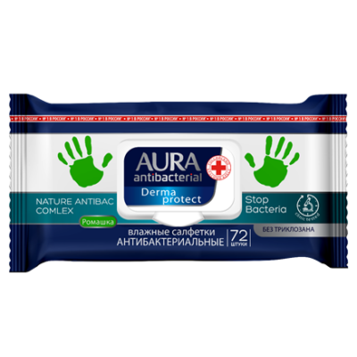Aura Derma protect antibakteriális törlőkendő 72db-os (12db/krt)
