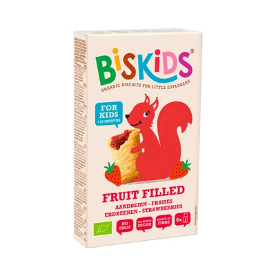 Biskids Fruit Filled biokeksz 120g Eperpürével töltve 36 hónapos kortól (8db/krt)